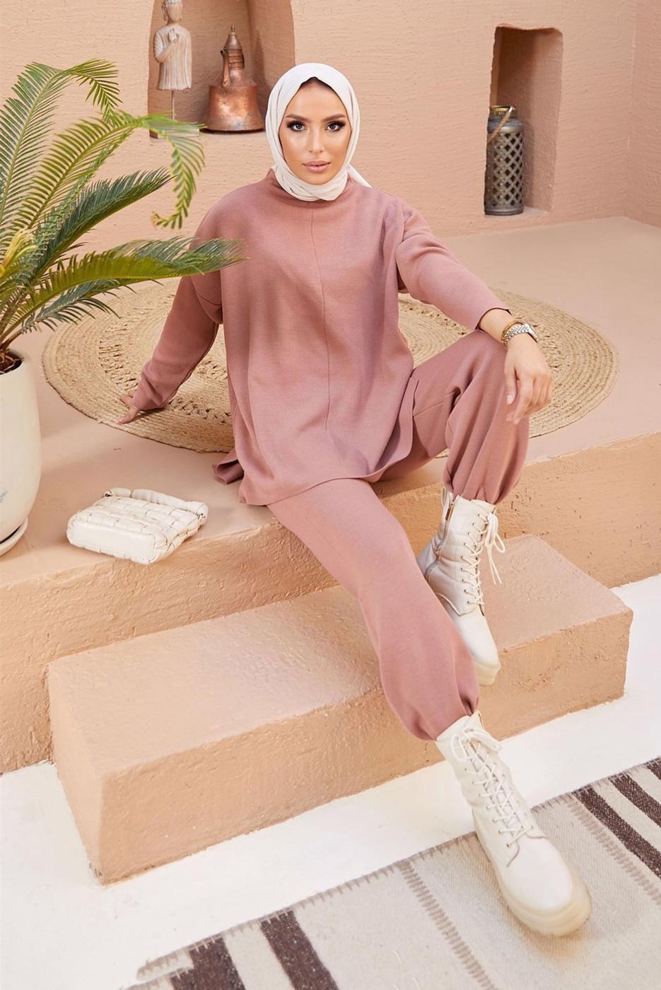 Vêtements hijab POUDRE ENSEMBLE MAILLE 2 PIÈCES BASIQUE AVEC PANTALON 00032