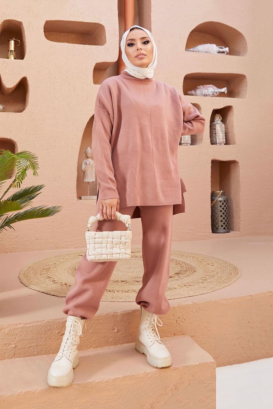 Vêtements hijab POUDRE ENSEMBLE MAILLE 2 PIÈCES BASIQUE AVEC PANTALON 00032