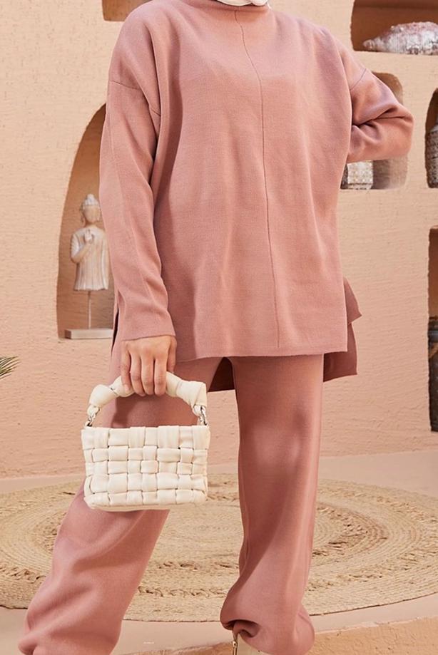 Vêtements hijab POUDRE ENSEMBLE MAILLE 2 PIÈCES BASIQUE AVEC PANTALON 00032 - TRENDTESETTÜR