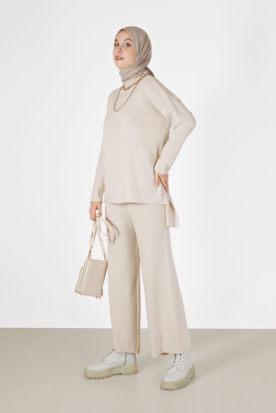 Vêtements hijab BEIGE ENSEMBLE MAILLE 2 PIÈCES BASIQUE AVEC PANTALON 00032