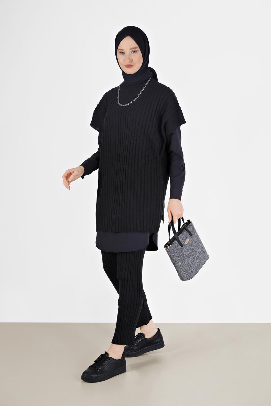 Hijab clothing BLACK PATTERN DETAIL KNITWEAR SUIT 00051 