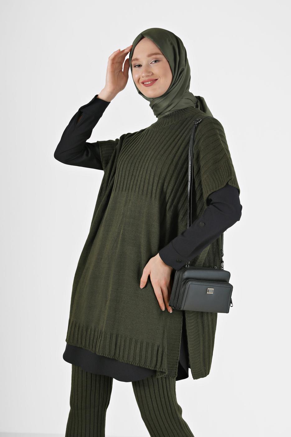 Vêtements hijab KAKI COSTUME EN MAILLE À MOTIF AUTONOME 00051