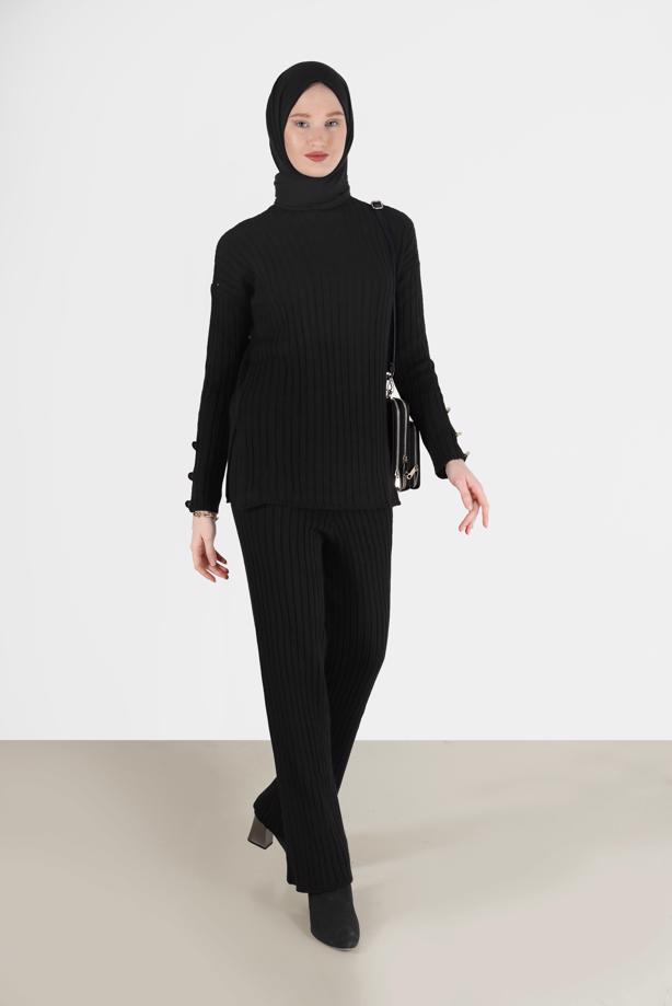 Vêtements hijab  BUTTON DETAIL STRIPED KNITWEAR SUIT 00061  - TRENDTESETTÜR