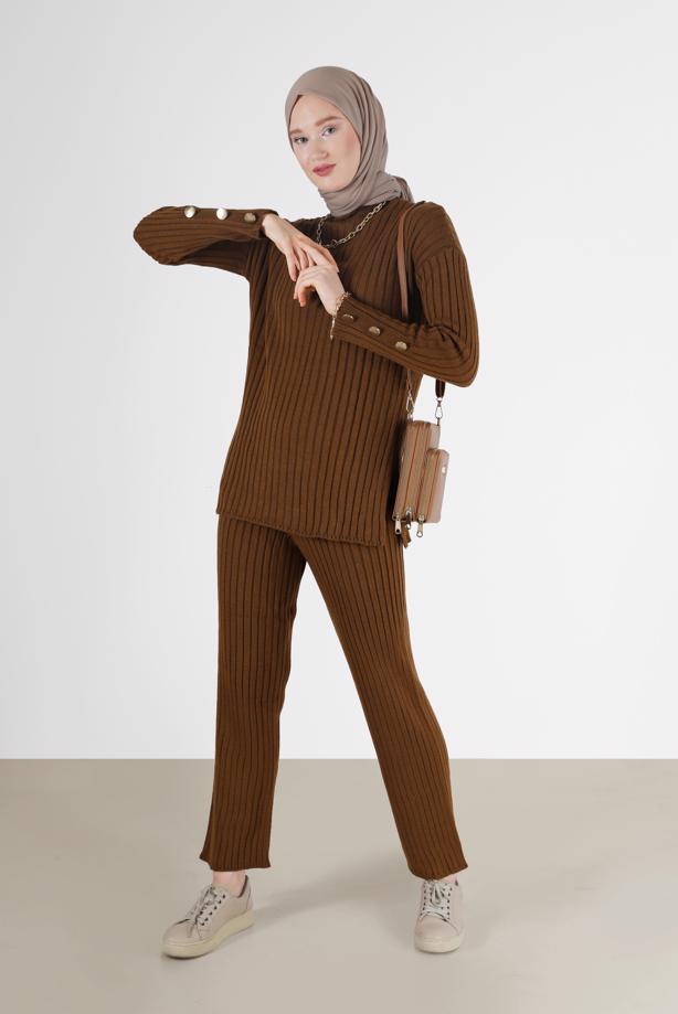 Vêtements hijab  BUTTON DETAIL STRIPED KNITWEAR SUIT 00061  - TRENDTESETTÜR