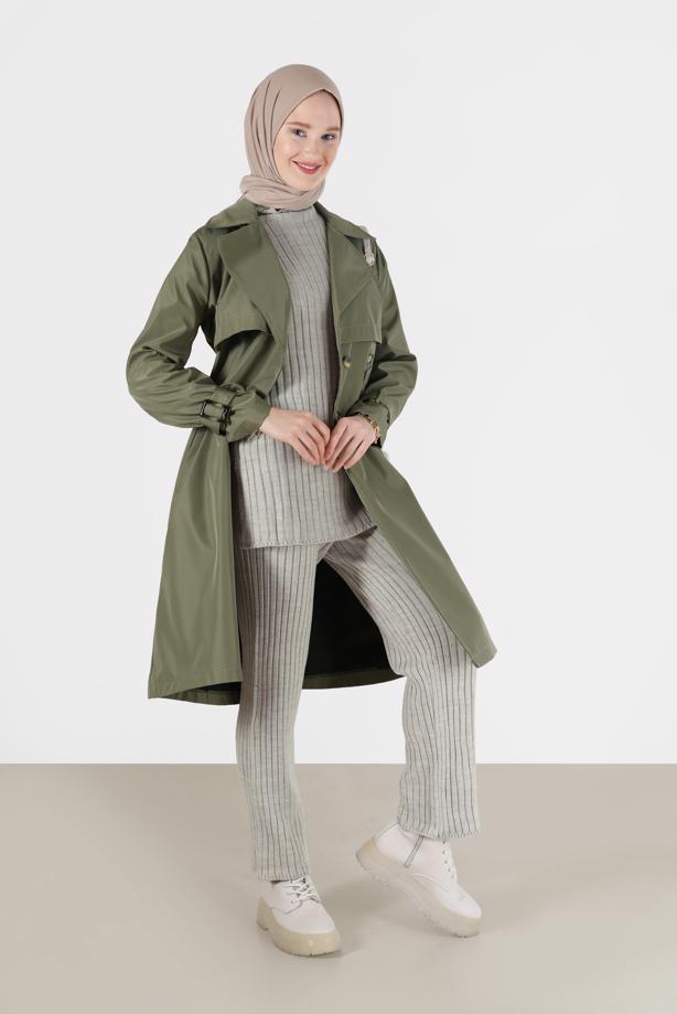 Vêtements hijab BEIGE COSTUME EN MAILLE À RAYURES À BOUTONS 00061 - TRENDTESETTÜR