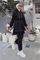 Tesettür giyim SİYAH BELİ BÜZGÜLÜ KAPÜŞONLU İKİLİ PANT. TAKIM 145 