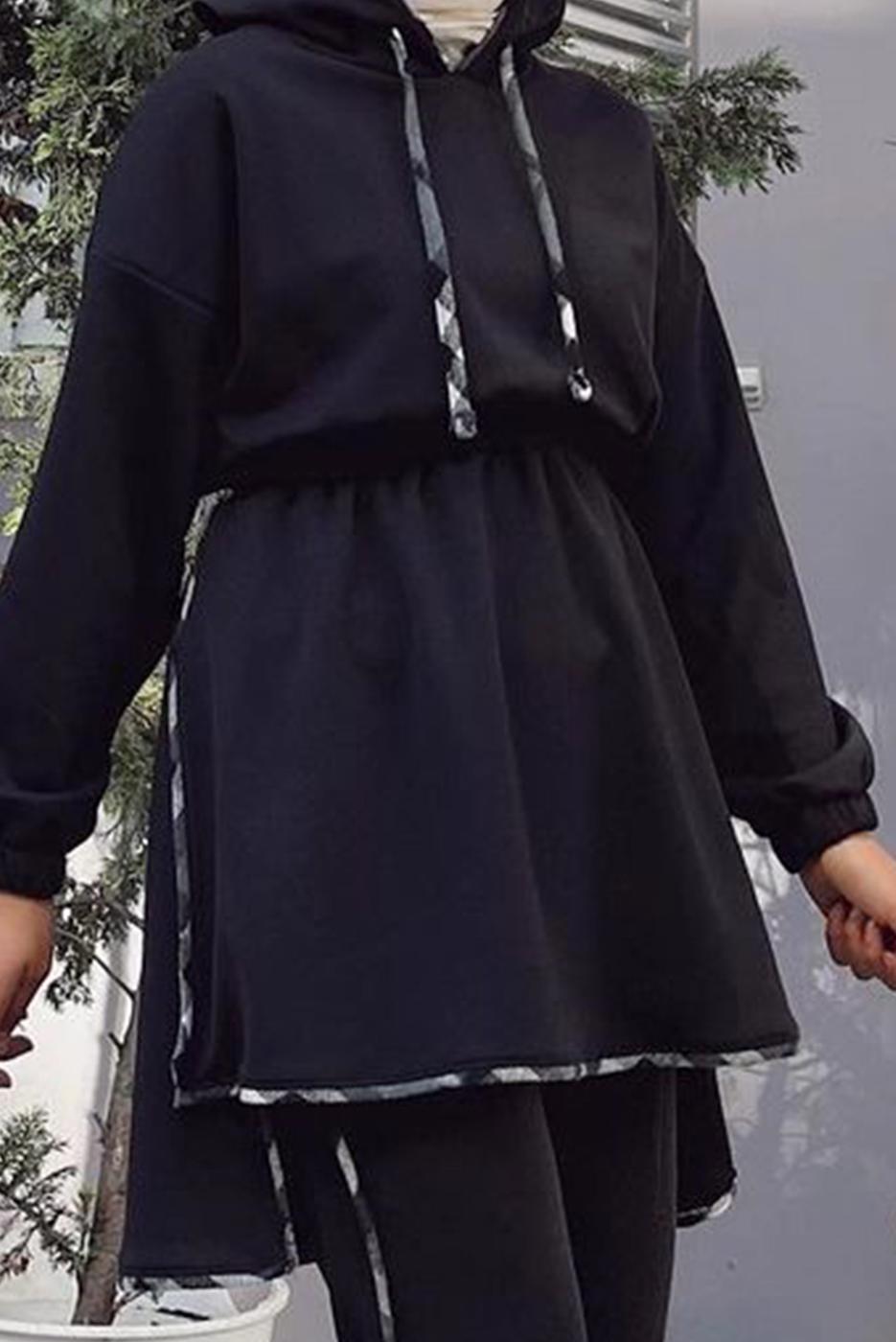 Tesettür giyim SİYAH BELİ BÜZGÜLÜ KAPÜŞONLU İKİLİ PANT. TAKIM 145 