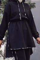 Tesettür giyim SİYAH BELİ BÜZGÜLÜ KAPÜŞONLU İKİLİ PANT. TAKIM 145 