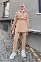 Tesettür giyim KAHVE BELİ BÜZGÜLÜ KAPÜŞONLU İKİLİ PANT. TAKIM 145 