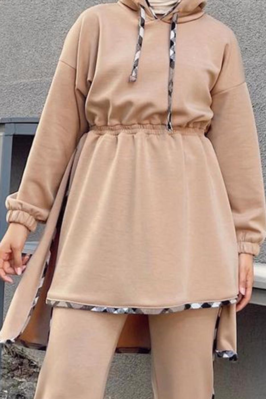 Tesettür giyim KAHVE BELİ BÜZGÜLÜ KAPÜŞONLU İKİLİ PANT. TAKIM 145 