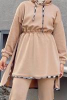 Tesettür giyim KAHVE BELİ BÜZGÜLÜ KAPÜŞONLU İKİLİ PANT. TAKIM 145 