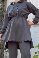 Tesettür giyim GRİ BELİ BÜZGÜLÜ KAPÜŞONLU İKİLİ PANT. TAKIM 145 