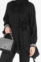 Tesettür giyim SİYAH MANŞETLERİ BONCUK İŞLEMELİ KUŞAKLI PANTOLONLU TAKIM 0256