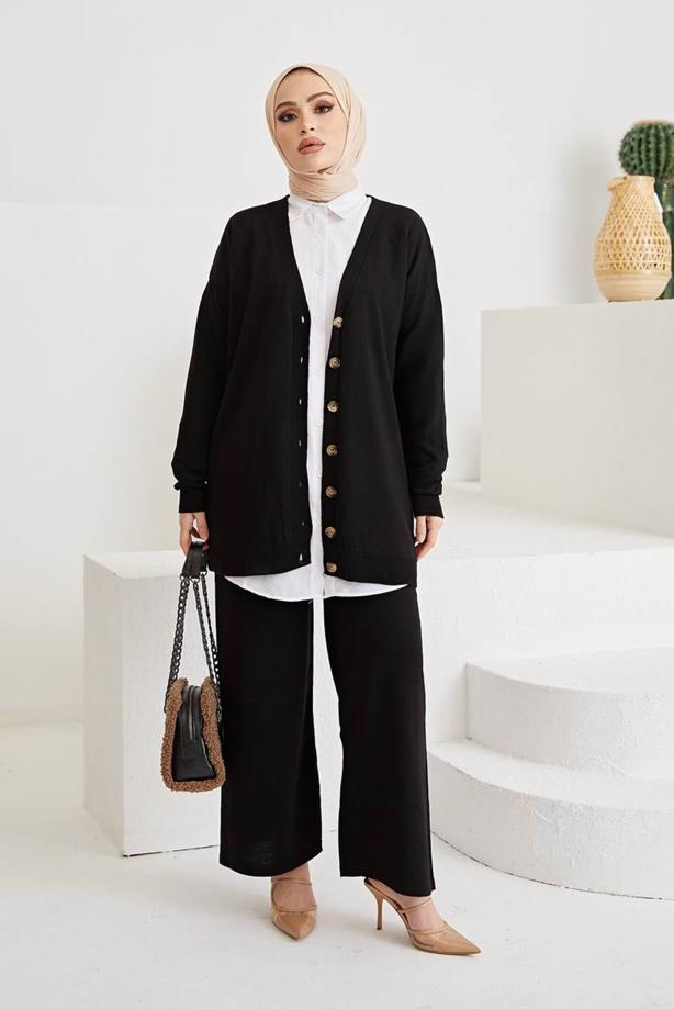 Vêtements hijab  BUTTON DETAIL BASIC 2-PIECE KNITWEAR PANTS SUIT 0411  - TRENDTESETTÜR