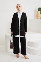 Vêtements hijab NOIR COSTUME PANTALON EN MAILLE 2 PIÈCES DE BASE DÉTAIL BOUTONS 0411