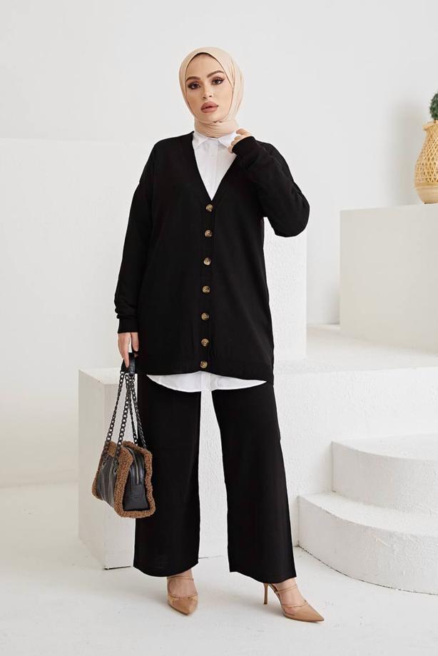 Vêtements hijab  BUTTON DETAIL BASIC 2-PIECE KNITWEAR PANTS SUIT 0411  - TRENDTESETTÜR
