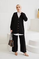Vêtements hijab NOIR COSTUME PANTALON EN MAILLE 2 PIÈCES DE BASE DÉTAIL BOUTONS 0411