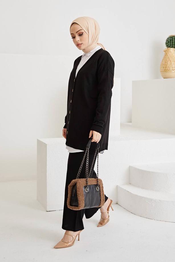 Vêtements hijab  BUTTON DETAIL BASIC 2-PIECE KNITWEAR PANTS SUIT 0411  - TRENDTESETTÜR