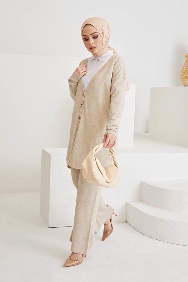 Vêtements hijab  BUTTON DETAIL BASIC 2-PIECE KNITWEAR PANTS SUIT 0411  - TRENDTESETTÜR