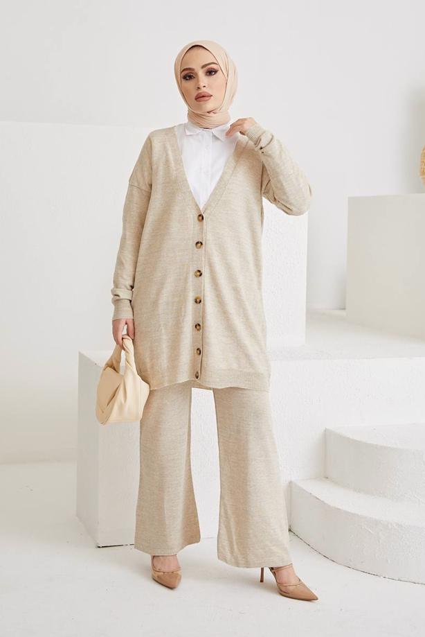 Vêtements hijab  BUTTON DETAIL BASIC 2-PIECE KNITWEAR PANTS SUIT 0411  - TRENDTESETTÜR