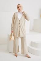 Vêtements hijab BEIGE COSTUME PANTALON EN MAILLE 2 PIÈCES DE BASE DÉTAIL BOUTONS 0411