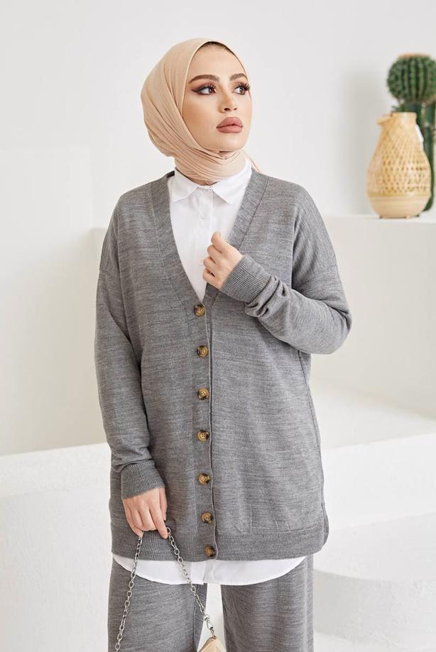 Vêtements hijab  BUTTON DETAIL BASIC 2-PIECE KNITWEAR PANTS SUIT 0411  - TRENDTESETTÜR
