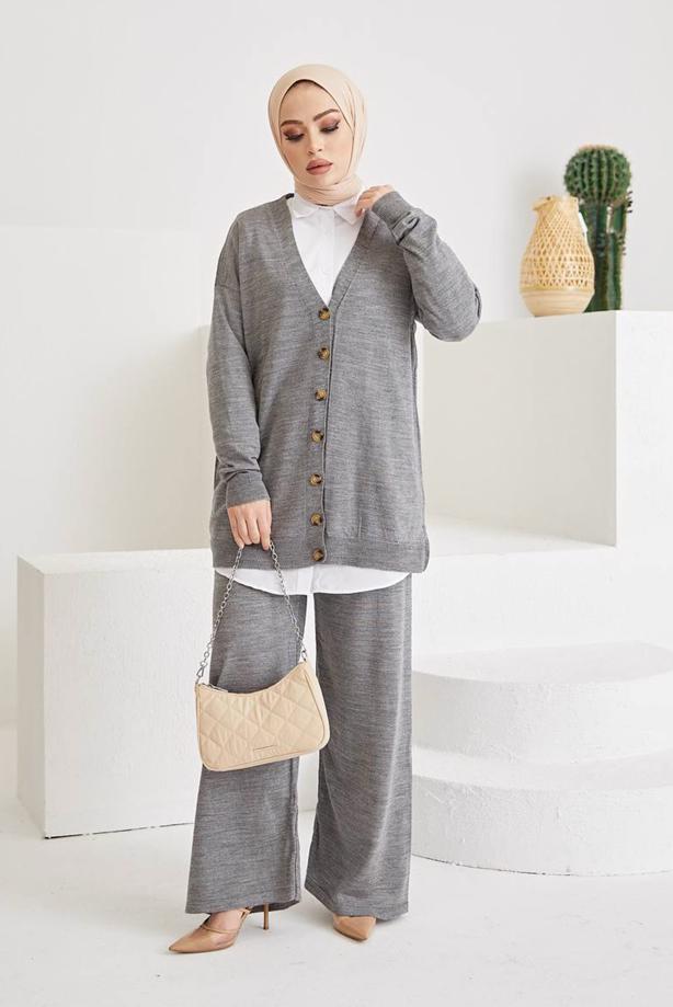 Vêtements hijab  BUTTON DETAIL BASIC 2-PIECE KNITWEAR PANTS SUIT 0411  - TRENDTESETTÜR