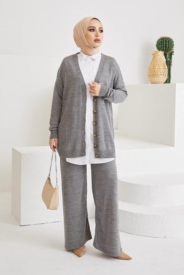 Vêtements hijab  BUTTON DETAIL BASIC 2-PIECE KNITWEAR PANTS SUIT 0411  - TRENDTESETTÜR
