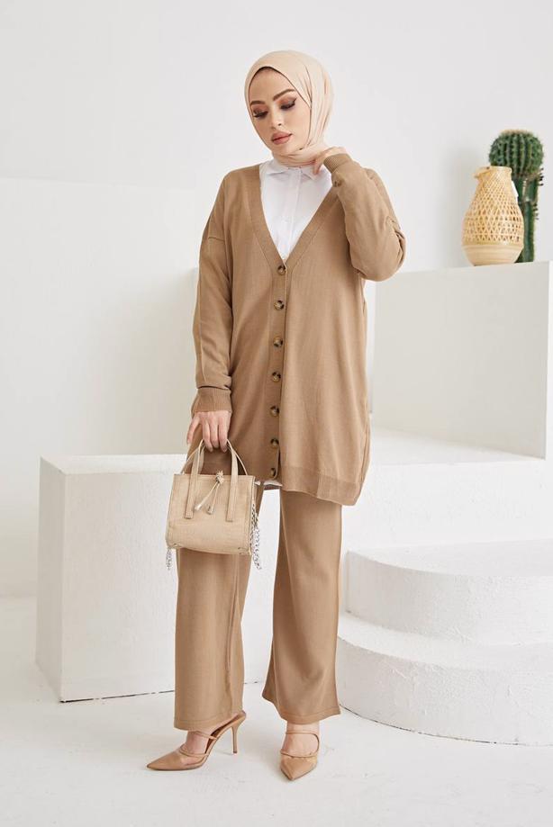 Vêtements hijab  BUTTON DETAIL BASIC 2-PIECE KNITWEAR PANTS SUIT 0411  - TRENDTESETTÜR