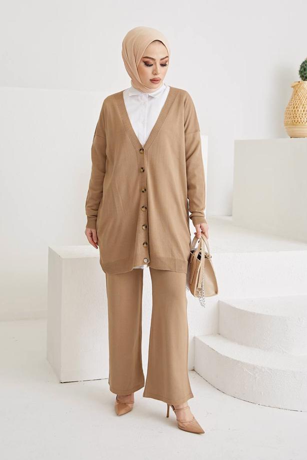 Vêtements hijab  BUTTON DETAIL BASIC 2-PIECE KNITWEAR PANTS SUIT 0411  - TRENDTESETTÜR