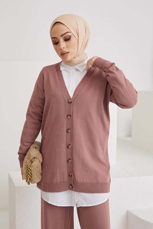 Vêtements hijab  BUTTON DETAIL BASIC 2-PIECE KNITWEAR PANTS SUIT 0411  - TRENDTESETTÜR