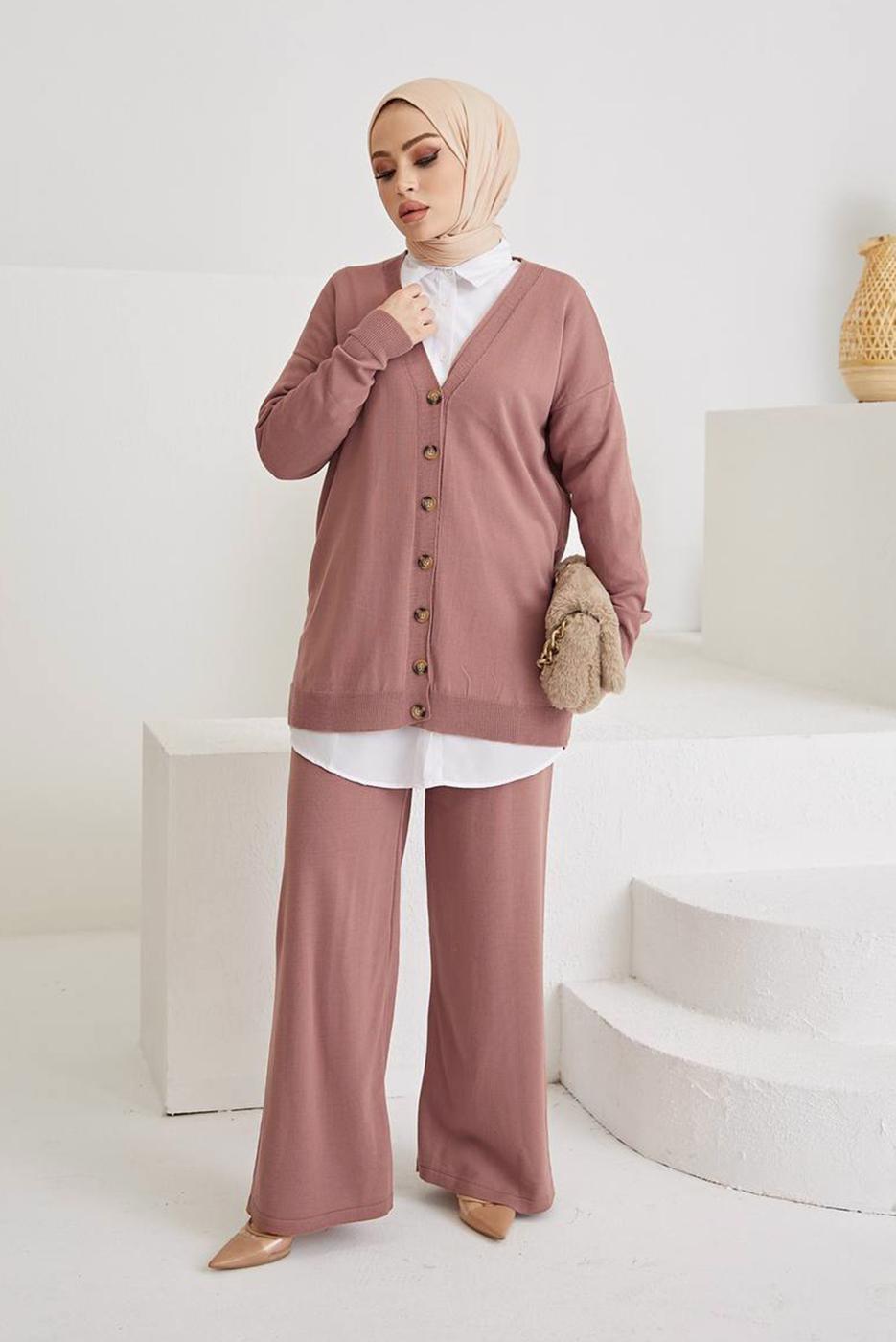 Vêtements hijab ROSE COSTUME PANTALON EN MAILLE 2 PIÈCES DE BASE DÉTAIL BOUTONS 0411