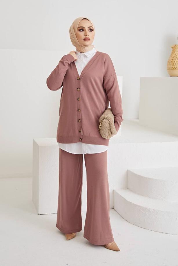 Vêtements hijab  BUTTON DETAIL BASIC 2-PIECE KNITWEAR PANTS SUIT 0411  - TRENDTESETTÜR