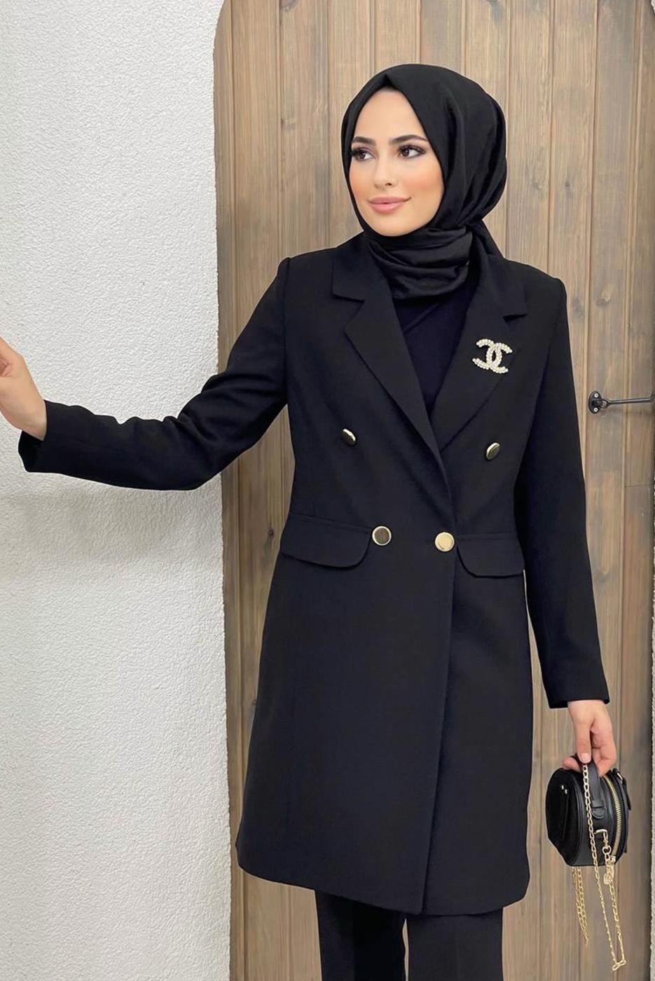 Tesettür giyim SİYAH KRUVAZE YAKA DÜĞMELİ İKİLİ PANT. TAKIM 0420	