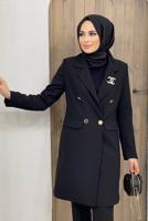 Tesettür giyim SİYAH KRUVAZE YAKA DÜĞMELİ İKİLİ PANT. TAKIM 0420	