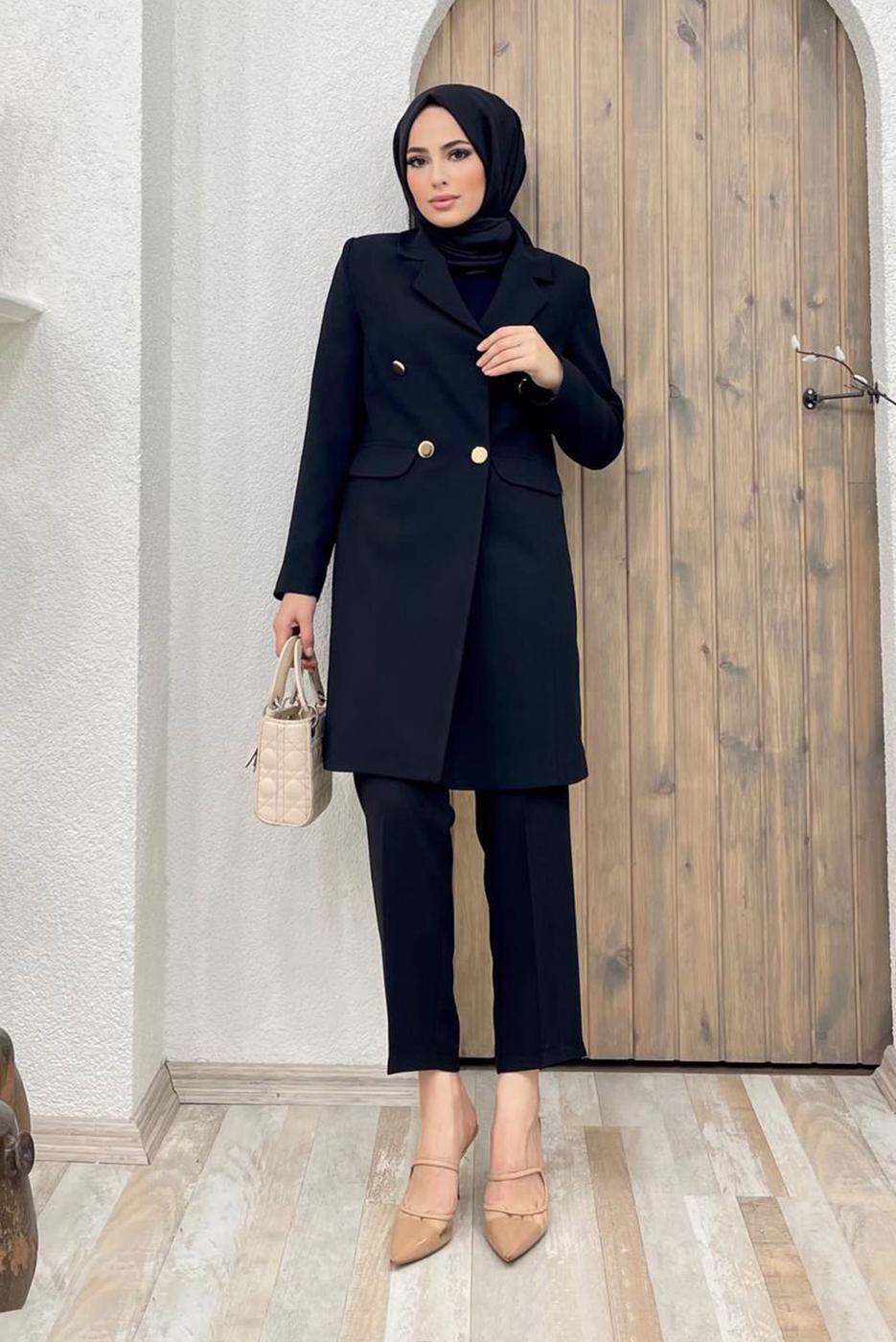 Tesettür giyim SİYAH KRUVAZE YAKA DÜĞMELİ İKİLİ PANT. TAKIM 0420	