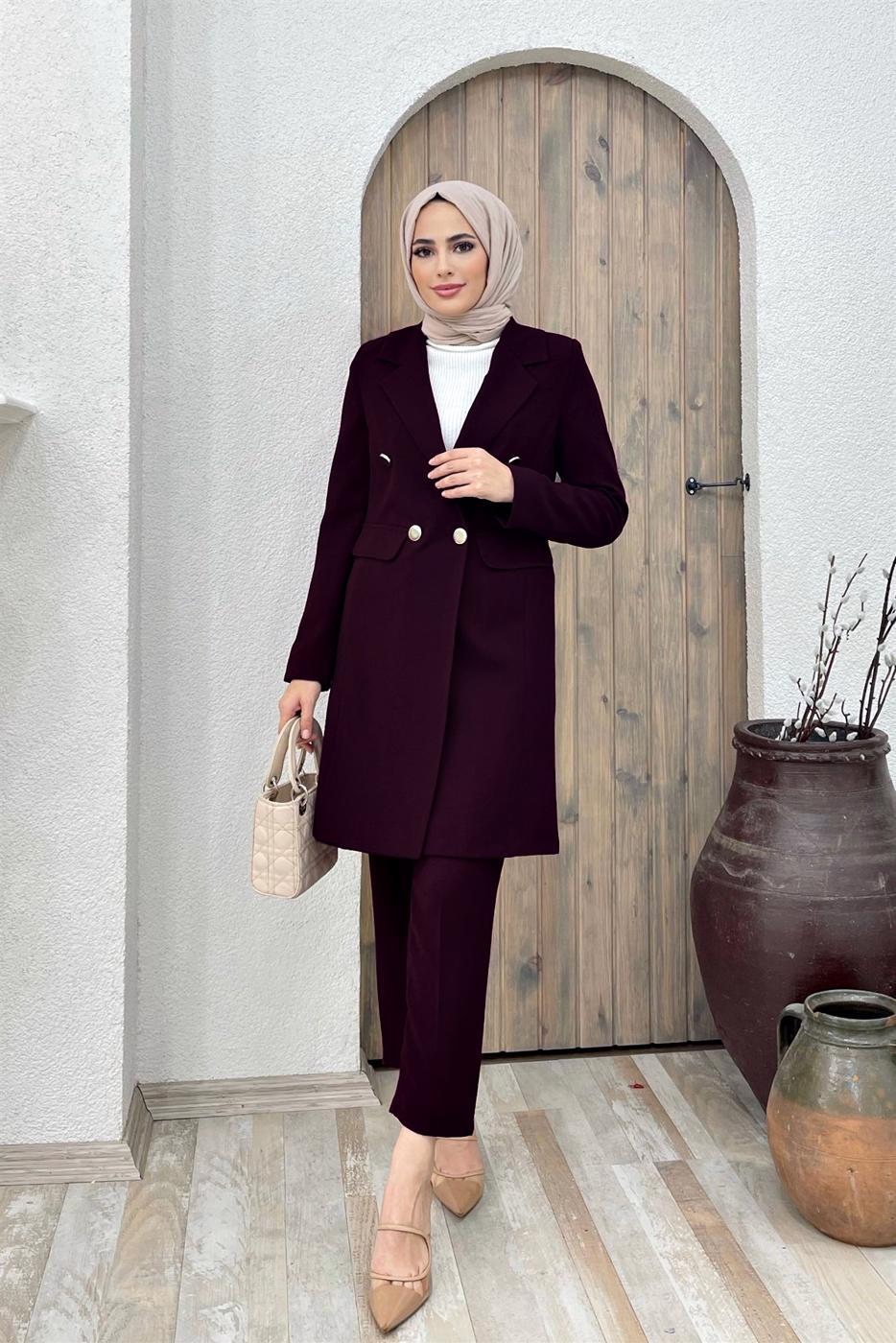 Tesettür giyim MOR KRUVAZE YAKA DÜĞMELİ İKİLİ PANT. TAKIM 0420	