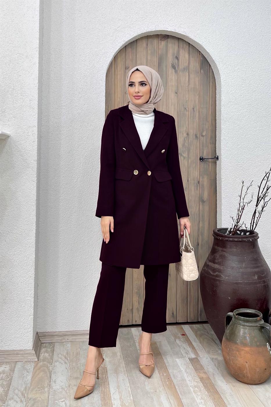 Tesettür giyim MOR KRUVAZE YAKA DÜĞMELİ İKİLİ PANT. TAKIM 0420	