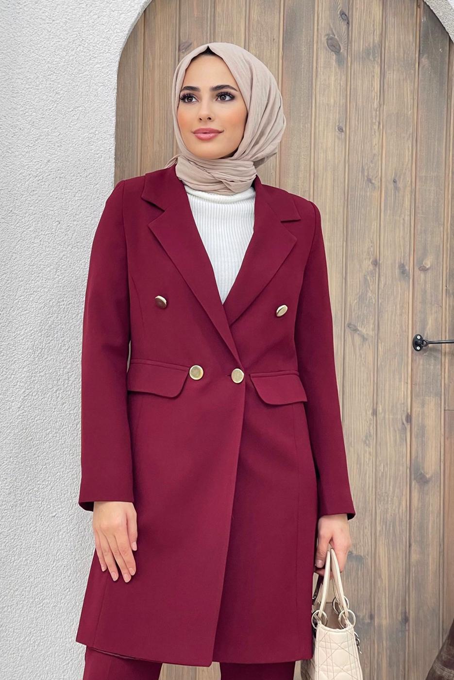 Tesettür giyim BORDO KRUVAZE YAKA DÜĞMELİ İKİLİ PANT. TAKIM 0420	