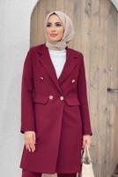 Tesettür giyim BORDO KRUVAZE YAKA DÜĞMELİ İKİLİ PANT. TAKIM 0420	