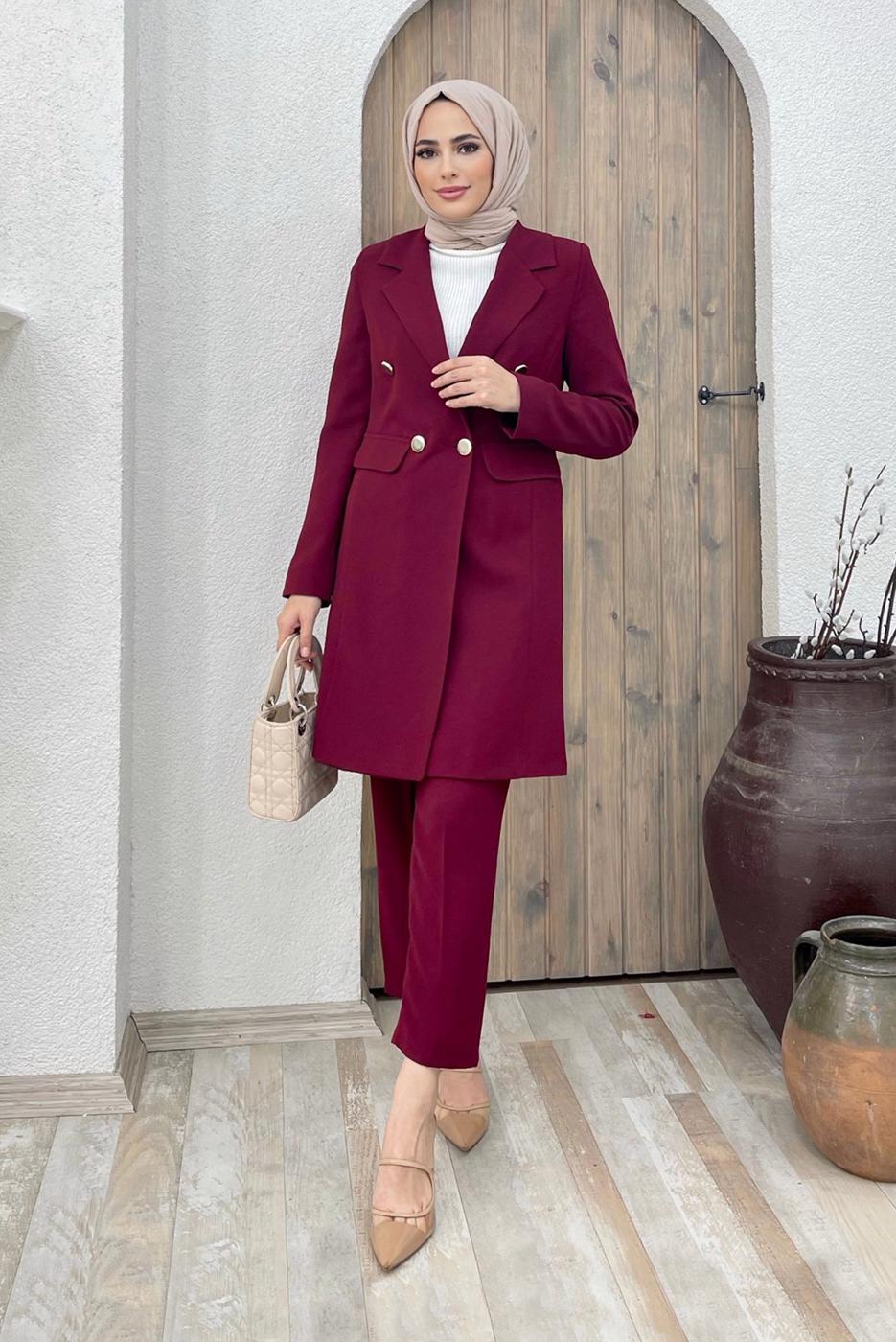 Tesettür giyim BORDO KRUVAZE YAKA DÜĞMELİ İKİLİ PANT. TAKIM 0420	