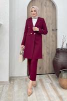 Tesettür giyim BORDO KRUVAZE YAKA DÜĞMELİ İKİLİ PANT. TAKIM 0420	