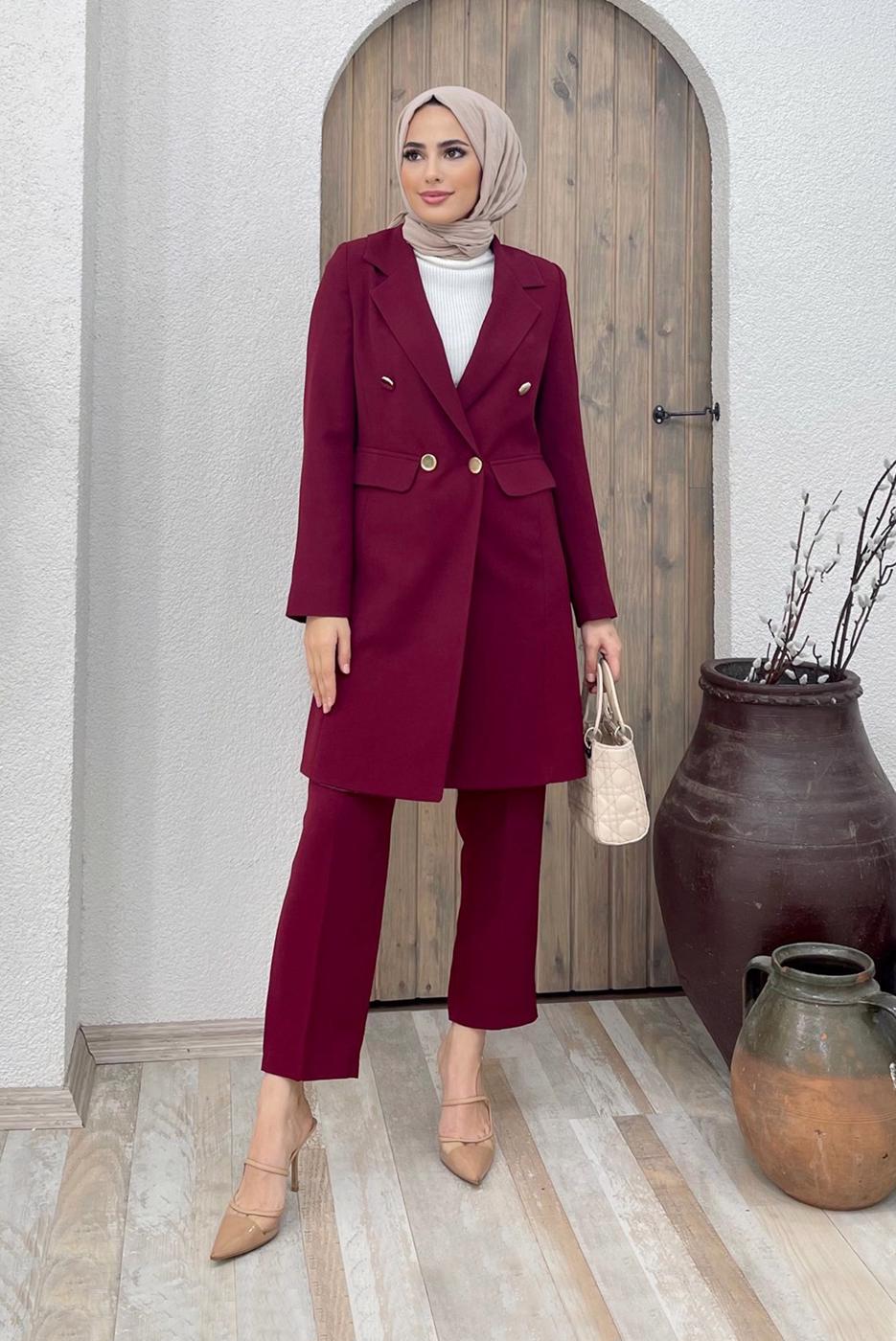Tesettür giyim BORDO KRUVAZE YAKA DÜĞMELİ İKİLİ PANT. TAKIM 0420	
