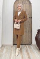 Tesettür giyim KAHVE KRUVAZE YAKA DÜĞMELİ İKİLİ PANT. TAKIM 0420	