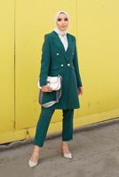 Tesettür giyim YEŞİL KRUVAZE YAKA DÜĞMELİ İKİLİ PANT. TAKIM 0420	