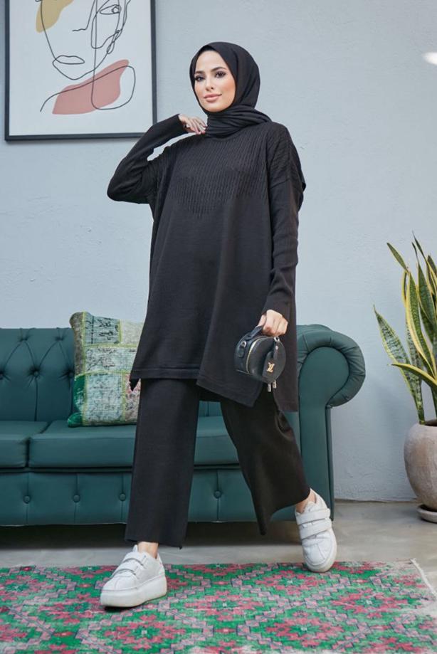 Vêtements hijab  CABLE-KNIT DETAIL 2-PIECE KNITWEAR PANTS SUIT 0503  - TRENDTESETTÜR