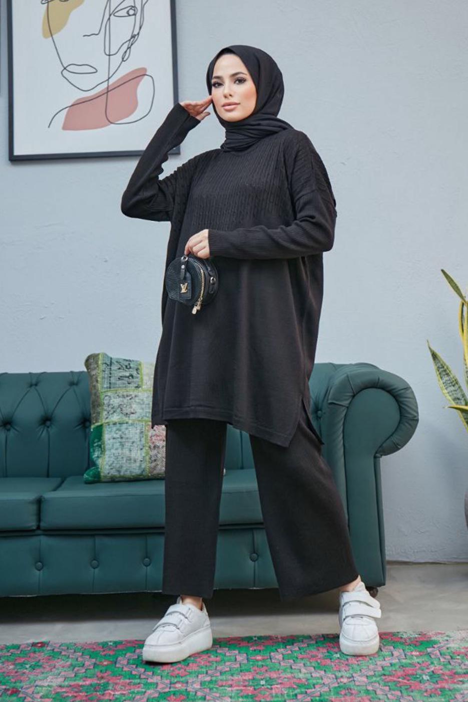 Vêtements hijab NOIR COSTUME PANTALON EN MAILLE 2 PIÈCES DÉTAILLÉES EN TRICOT 0503 