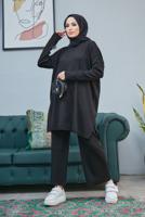 Vêtements hijab NOIR COSTUME PANTALON EN MAILLE 2 PIÈCES DÉTAILLÉES EN TRICOT 0503 