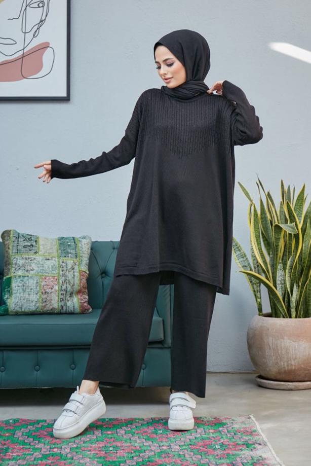 Vêtements hijab  CABLE-KNIT DETAIL 2-PIECE KNITWEAR PANTS SUIT 0503  - TRENDTESETTÜR