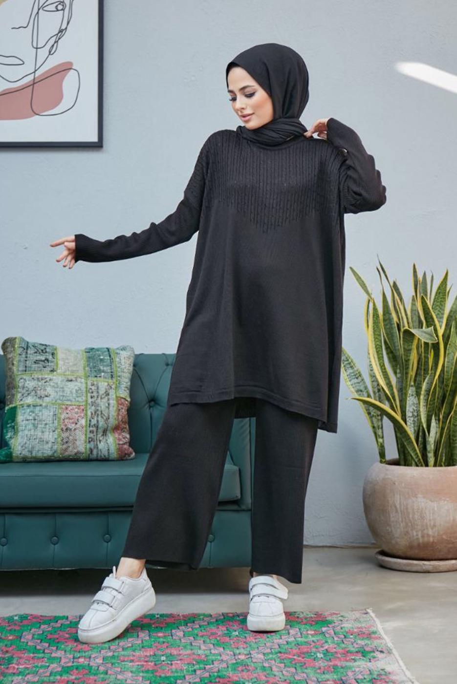 Vêtements hijab NOIR COSTUME PANTALON EN MAILLE 2 PIÈCES DÉTAILLÉES EN TRICOT 0503 